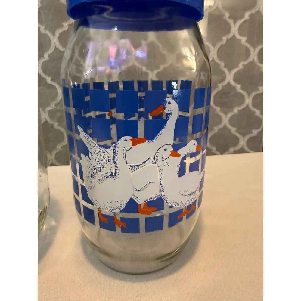 Vintage Country Geese Glass Canister Set 1L 3L Blue Checkered Jars with Lids